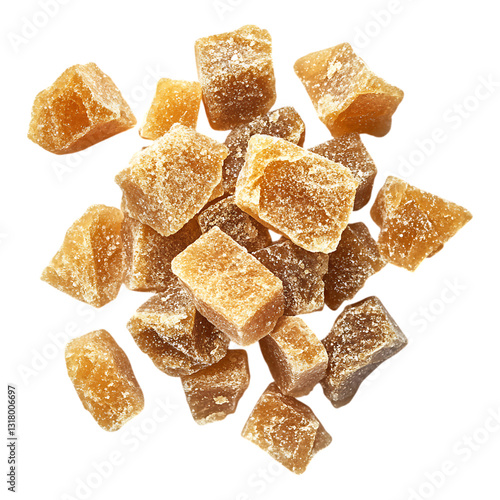 A top-down view of crystallized candied ginger chunks scattered haphazardly across a pure white surface, useful for baking ingredient catalogs.