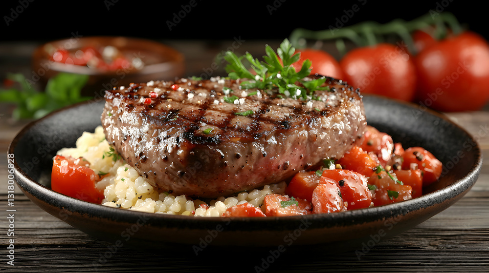 Delicious grilled steak served with tomatoes and a grain medley Delicious grilled steak served with tomatoes and a grain medley