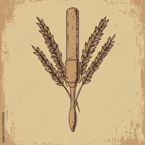 Vintage beer tap with wheat illustration on aged background.