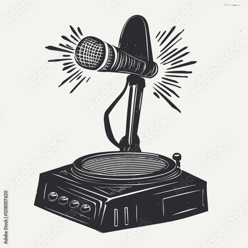 Microphone on Turntable Illustration, Retro Design, Music and Sound