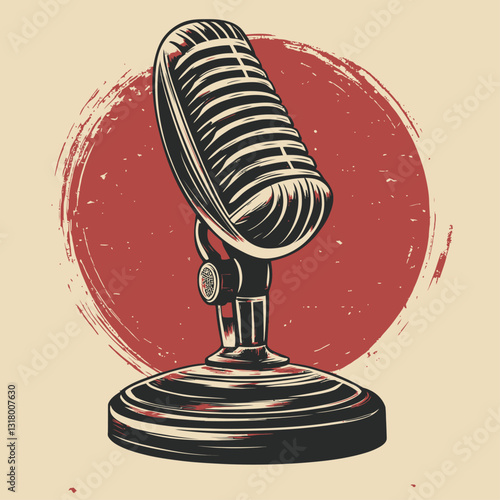 Vintage microphone illustration with retro style design and red background