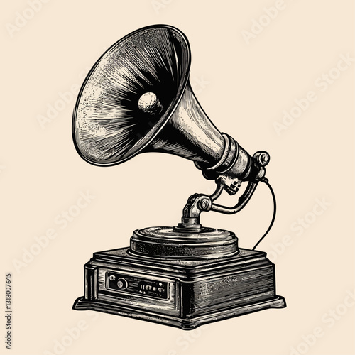 Vintage Gramophone Illustration: Retro Music Player, Antique, Sound, Audio, Black and White