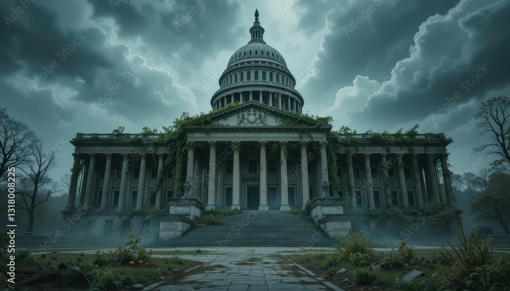 Fototapeta premium Abandoned Capitol Building Overgrown with Plants and Dramatic Sky