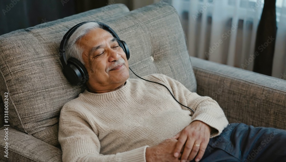 Obraz premium Harmony through Music: A serene senior citizen finds solace and enjoyment, reclining on a comfortable couch, immersed in the world of music through his headphones.