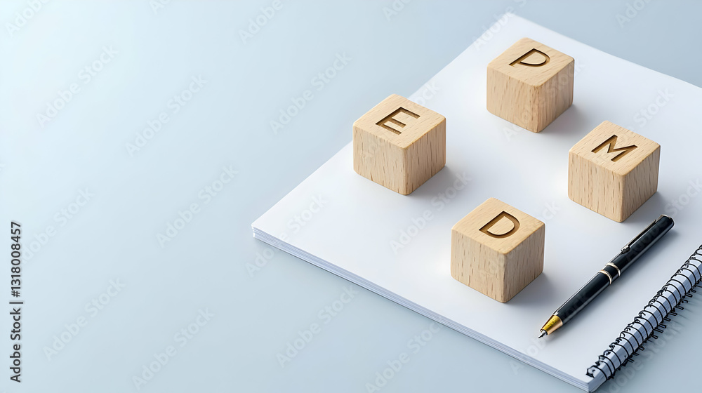 Four Wooden Blocks Forming A Square With The Letters PMFD On A Spiral Notepad And A Black And Gold Pen On Light Blue Background Business Concept Four Wooden Blocks Forming A Square With The Letters PMFD On A Spiral Notepad And A Black And Gold Pen On Light Blue Background Business Concept