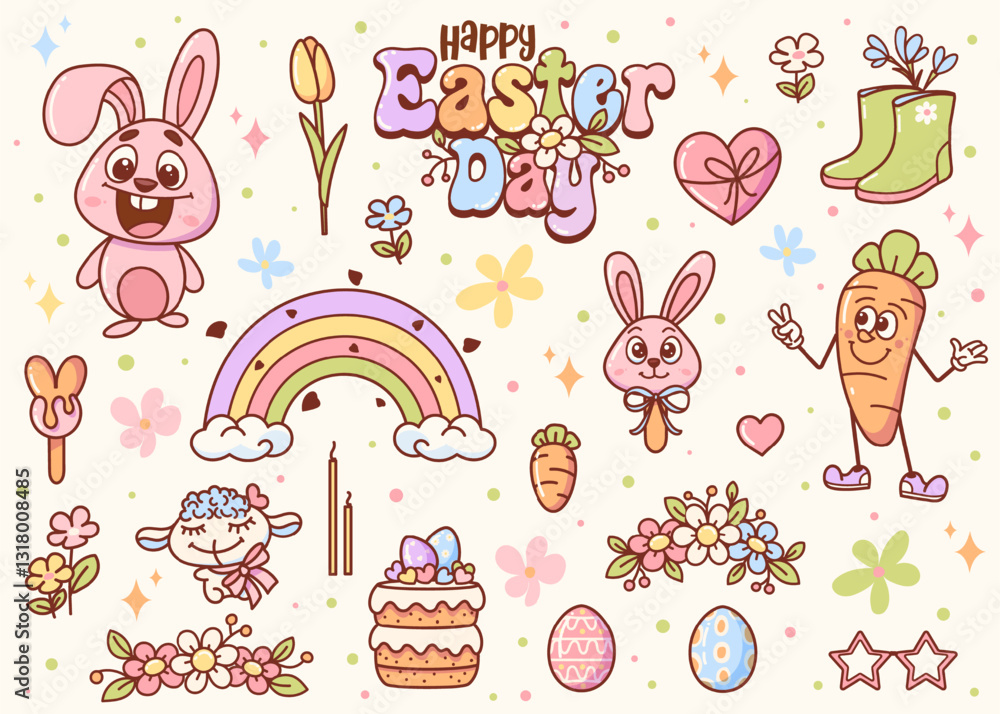 Cute Easter Items with Bunny and Rainbow Characters Cute Easter Items with Bunny and Rainbow Characters