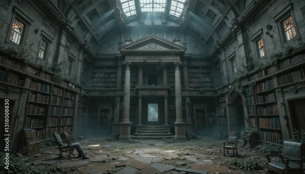 Abandoned Gothic Library with Dusty Shelves and Natural Light Abandoned Gothic Library with Dusty Shelves and Natural Light