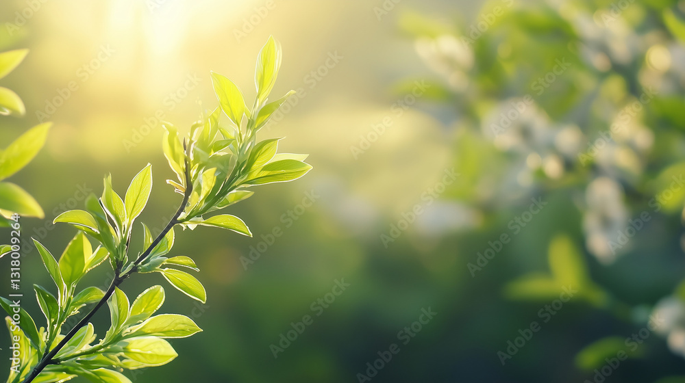 Delicate Willow Branch with Fresh Green Leaves, Soft Sunlight, and Blurred Spring Blossoms, Evoking Serenity and Renewal Delicate Willow Branch with Fresh Green Leaves, Soft Sunlight, and Blurred Spring Blossoms, Evoking Serenity and Renewal