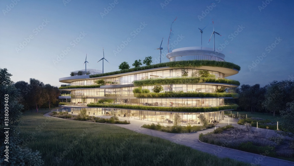 Obraz premium Sustainable Architecture: A modern architectural marvel, designed with sustainability in mind. This building boasts a green roof and wind turbines, all set against a backdrop of natural surroundings.