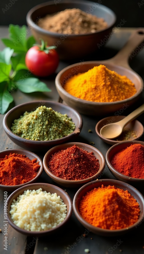 Variety of exotic spices neatly displayed on rustic table, cooking ingredients, food preparation, exotic, culinary herbs Variety of exotic spices neatly displayed on rustic table, cooking ingredients, food preparation, exotic, culinary herbs