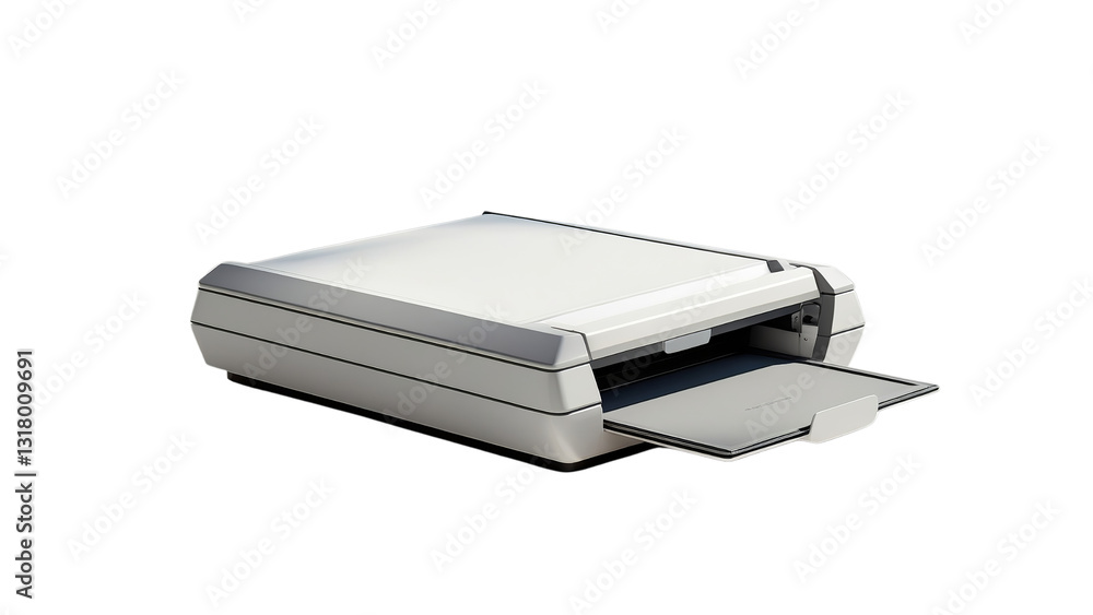 A sleek, modern flatbed scanner with a transparent background, featuring an open tray, perfect for digitizing documents. A sleek, modern flatbed scanner with a transparent background, featuring an open tray, perfect for digitizing documents.