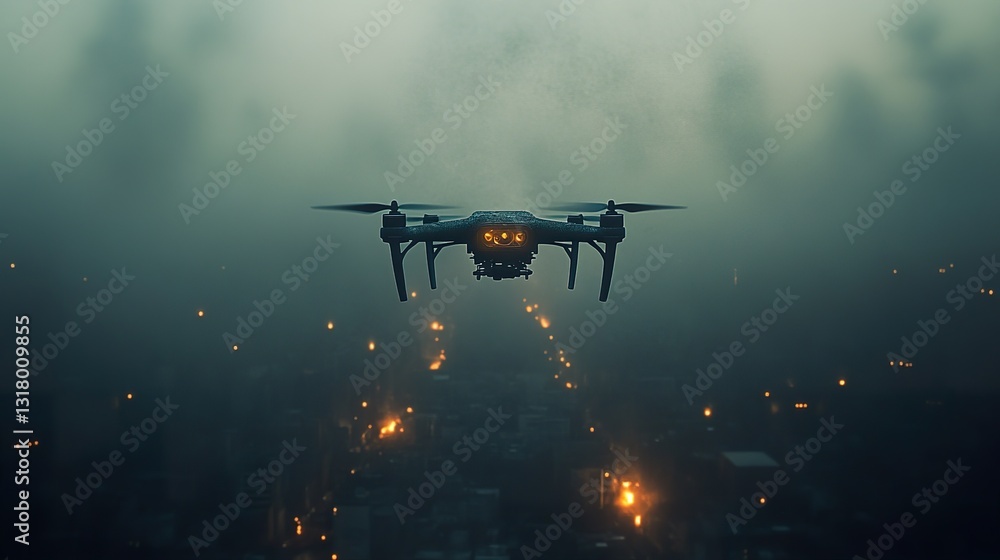 A drone with illuminated lights hovers over a dark city A drone with illuminated lights hovers over a dark city
