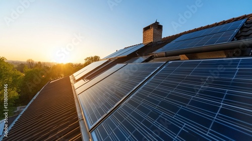Solar panels on roof in a neighborhood, promoting green energy at golden hour