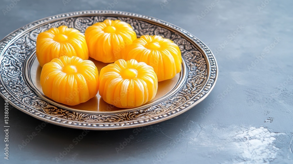 Bright Yellow Desserts on Silver Plate with Ornate Design Bright Yellow Desserts on Silver Plate with Ornate Design
