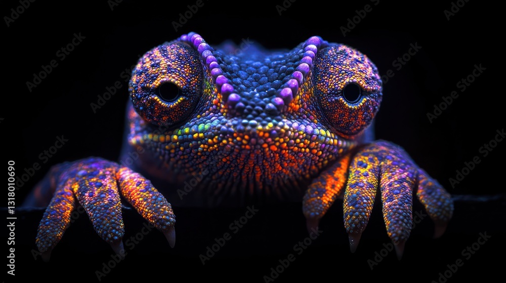 Obraz premium Chameleon portrait, vibrant colors, dark background, studio shot, wildlife photography