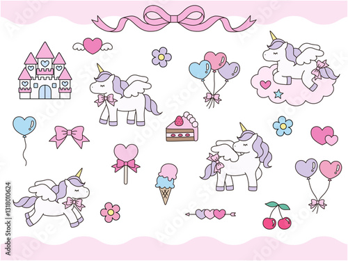 かわいいユニコーンのベクターイラストセット。馬、リボン、ハート、風船、チェリー、お城