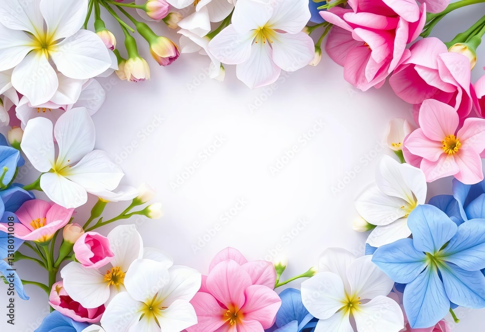 Delicate white, pink, and blue flowers arranged in a circular frame, wedding, circle Delicate white, pink, and blue flowers arranged in a circular frame, wedding, circle
