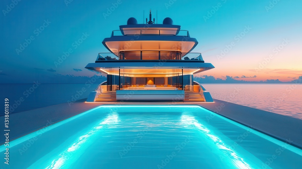 Obraz premium Yacht with a glassencased spa room, glowing LED lighting, blending innovation with luxurious recreation