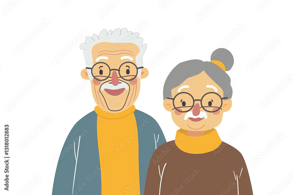 happy and smiling elderly couple, in light blue and dark yellow clothes, on a white background happy and smiling elderly couple, in light blue and dark yellow clothes, on a white background