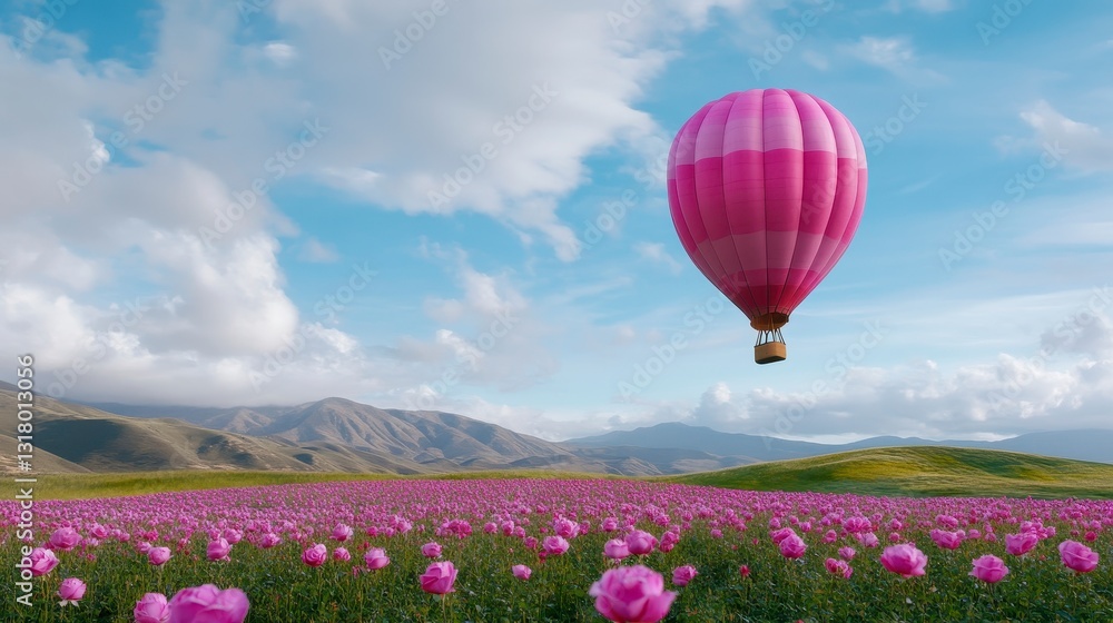 Fototapeta premium Colorful Hot Air Balloon Floating Over Lavender Flower Field