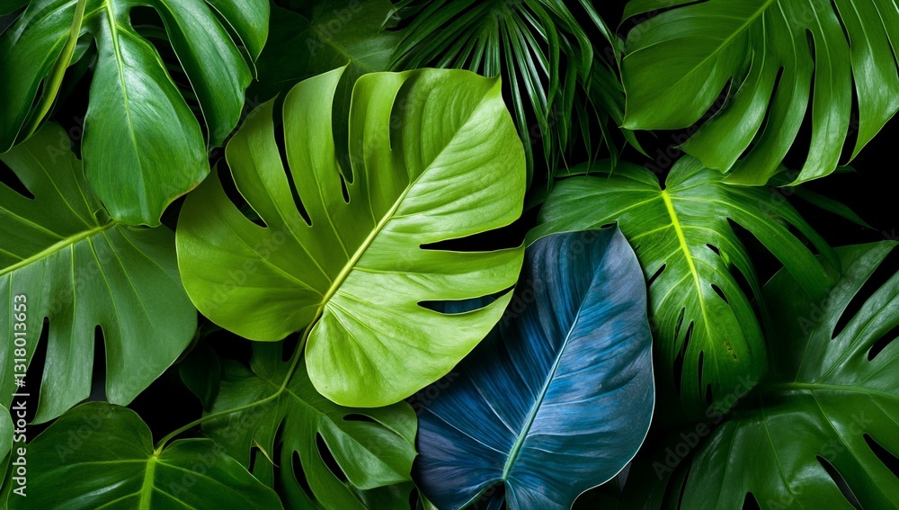 Fototapeta premium Lush tropical green leaves arranged for background, adding life and freshness