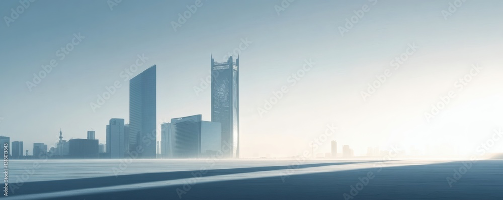 Fototapeta premium A modern skyline featuring several tall structures with bright sunlight