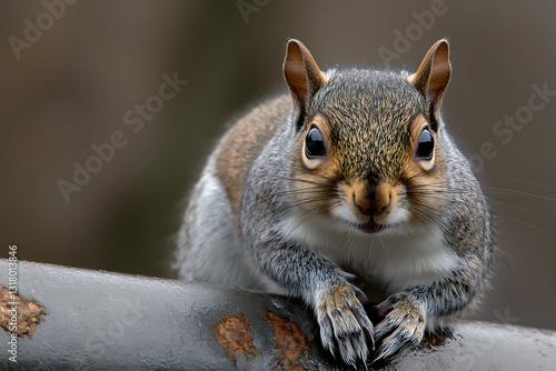 A dramatic low angle shot of a squirrel gripping a pipe joint the refinery s soft glow casting a warm hue 