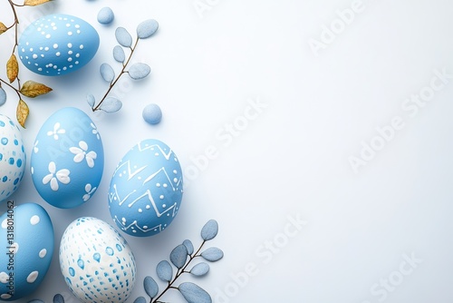 Blue Easter eggs with natural dye patterns and leaves on white background for topview stock photography concept