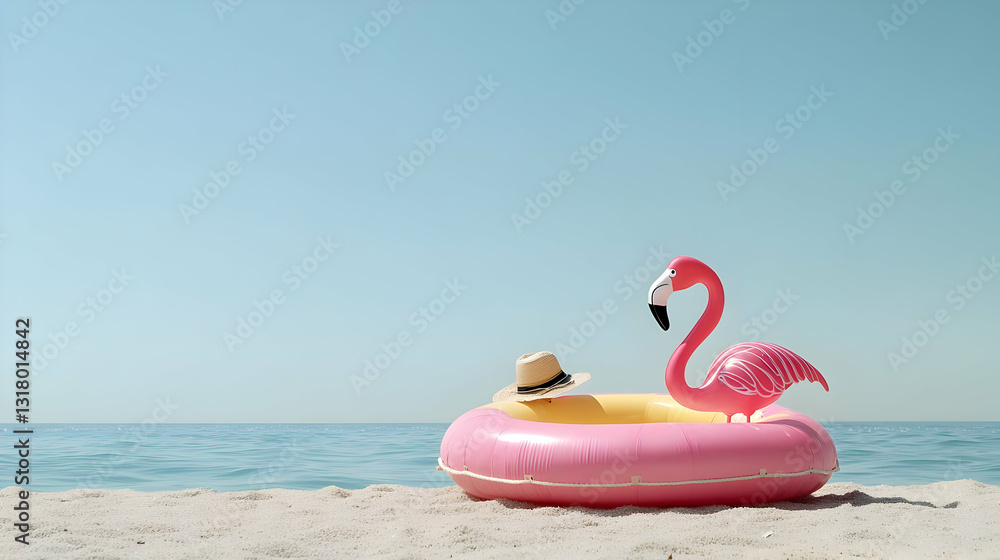 A Pink Inflatable Flamingo Float With A Tan Straw Hat Sits On A White Sand Beach Facing The Calm Blue Sea Under A Clear Sunny Sky