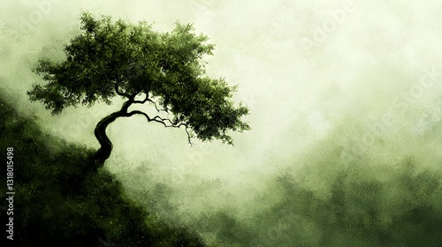 Solitary Green Tree on Foggy Hillside