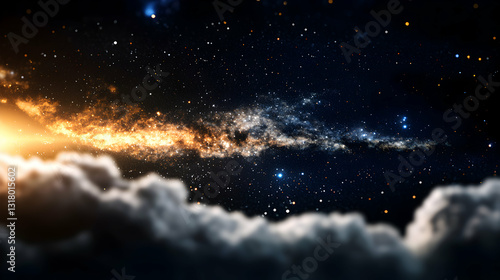 Dramatic night sky showing clouds stars and a galaxy illustration
