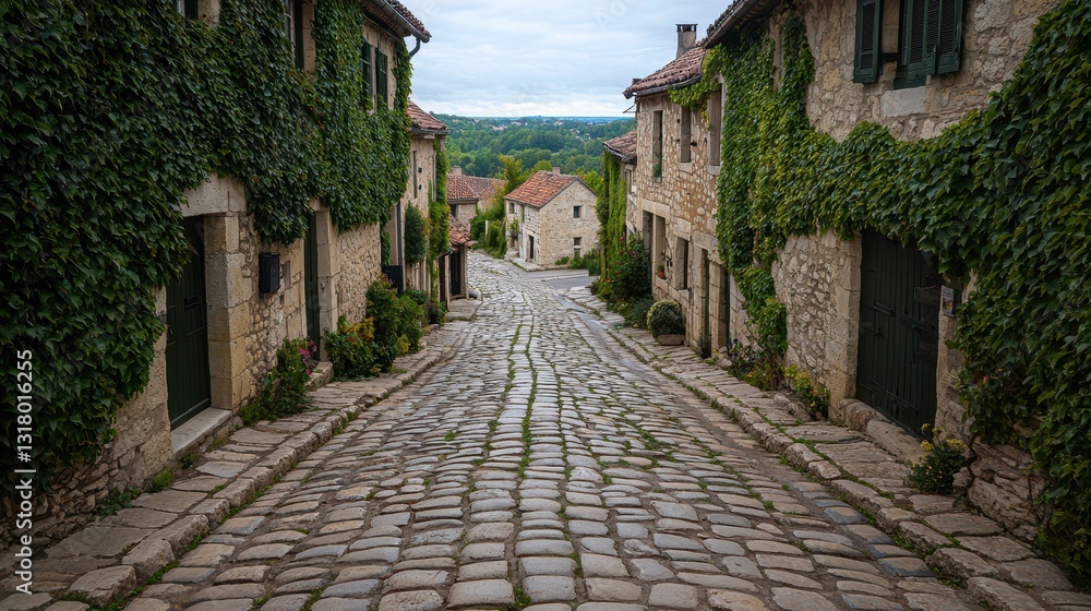 Obraz premium Scenic Cobblestone Street Surrounded by Greenery and Historic Charm