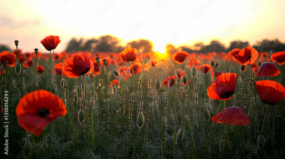 Obraz premium Vivid Red Poppies Field At Golden Hour Sunset With Warm Sunlight And Lush Green Foliage In The Countryside