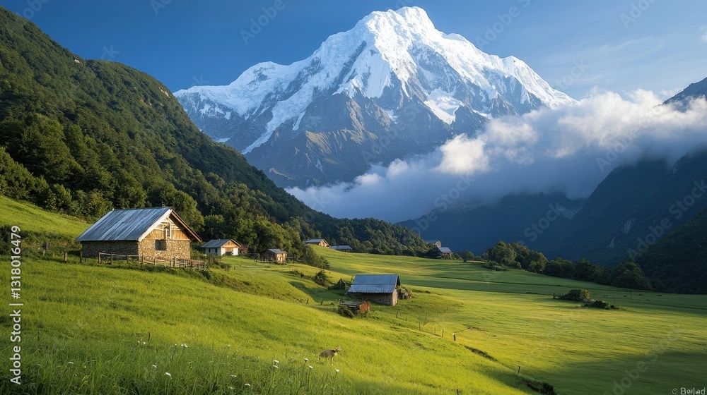 Obraz premium Majestic Mountain Landscape with Serene Green Valley and Cabins