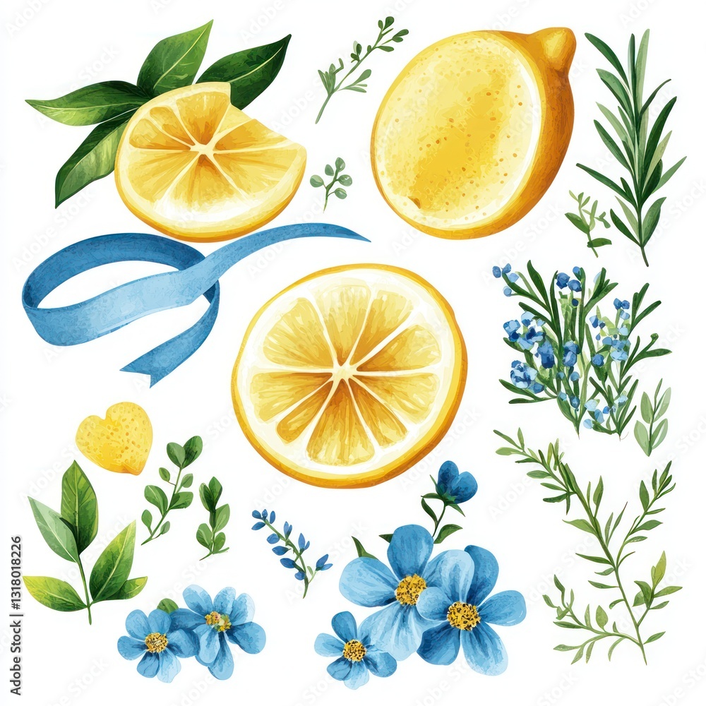 Lemons, herbs, flowers, ribbon; watercolor design, food blog Lemons, herbs, flowers, ribbon; watercolor design, food blog