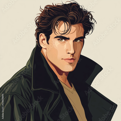 Portrait of a handsome man with intense gaze wearing a dark coat in a painterly digital artwork