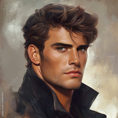 Portrait of a handsome man with intense gaze wearing a dark coat in a painterly digital artwork