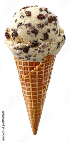 Rum Raisin Ice Cream Cone – Classic Creamy Frozen Dessert with Rum-Soaked Raisins in a Waffle Cone, isolated with transparent background