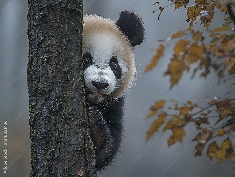 Obraz premium Panda Cub Hiding Autumn Forest Tree