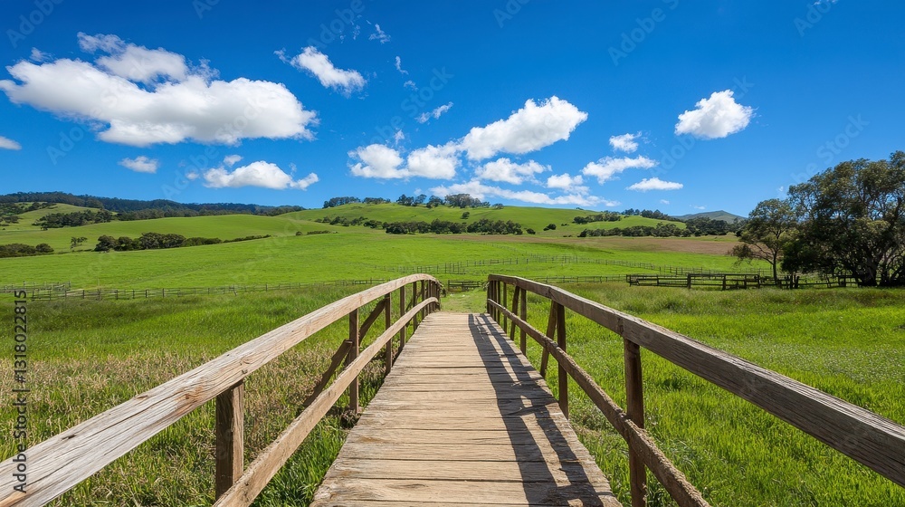 Scenic Wooden Bridge Over Green Pasture Under Blue Sky Scenic Wooden Bridge Over Green Pasture Under Blue Sky