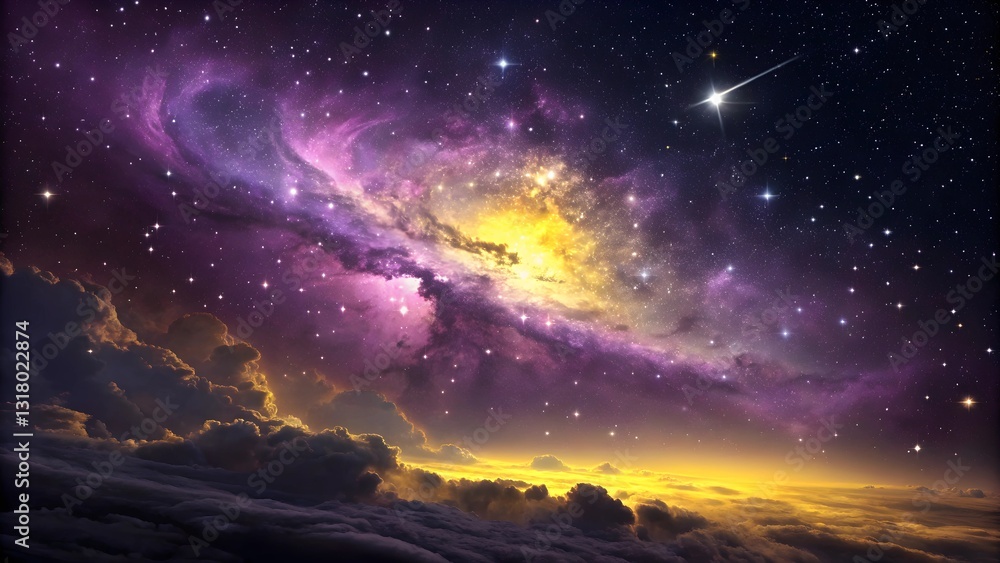 Fototapeta premium Fantasy Cosmic Galaxy with Glowing Nebula and Shooting Star in a Dreamlike Sky