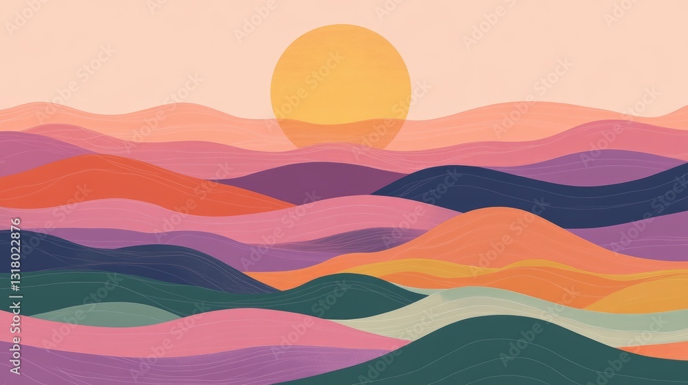 An abstract landscape painting depicting rolling hills and a setting sun An abstract landscape painting depicting rolling hills and a setting sun