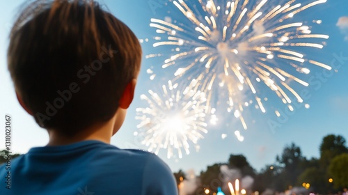 Fototapeta Naklejka Na Ścianę i Meble -  Boy watches fireworks display in park at dusk during summer holiday celebration