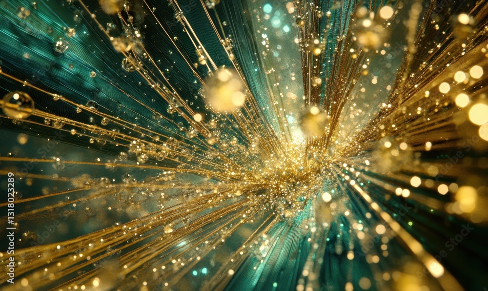 Obraz premium Golden droplets streak through teal light beams, abstract background