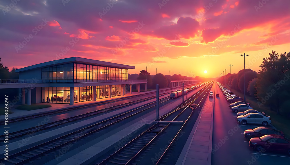 Fototapeta premium Picturesque Train Station in Springtime Bloom Idyllic Spring Railway Stop Surrounded by Nature Rustic Railway Station with Blossoms & Lush Greenery