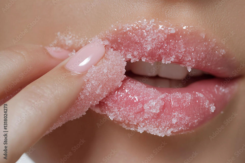 Fototapeta premium Beauty treatment with sugar scrub on lips for soft and smooth skin at skincare session