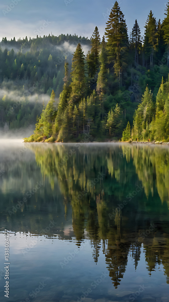 Fototapeta premium A misty mountain lake surrounded by dense evergreen trees, reflecting the soft morning light. 