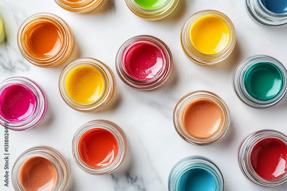 Colorful array of paint pots arranged on a marble surface, perfect for creative projects and artistic inspiration Colorful array of paint pots arranged on a marble surface, perfect for creative projects and artistic inspiration