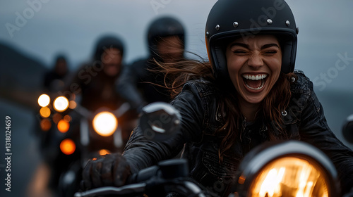 Smiling woman riding a motorcycle with friends on a road