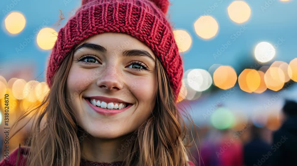 Happy Woman in Hand Knit Hat Smiling with Festive Fall Bokeh Lights in Background Celebrating Autumn Season at Outdoor Festival Happy Woman in Hand Knit Hat Smiling with Festive Fall Bokeh Lights in Background Celebrating Autumn Season at Outdoor Festival